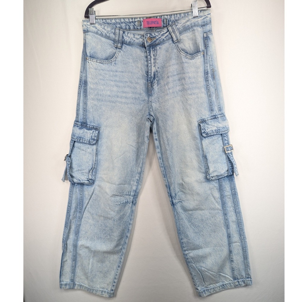 Telepatia Acid Wash Cargo Jeans Womens 13/31 Light Blue Wide Leg High Rise Denim